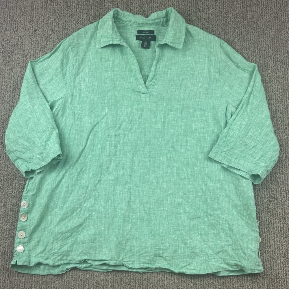 Tahari Womens 1X Linen Popover Shirt Tunic 3/4 Sleeve V Neck Lagenlook Green